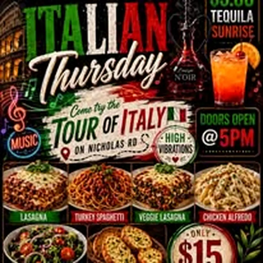 Italian Thursday Tour of Italy dinner flyer at Lounge N'OIR