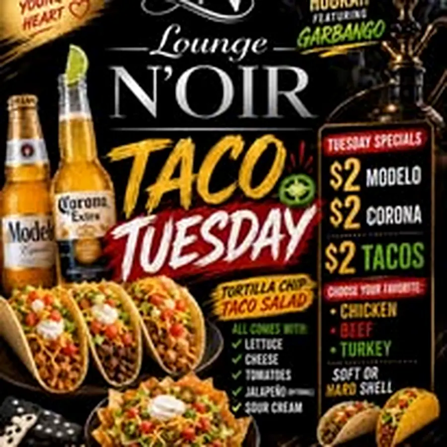 Taco Tuesday flyer — $2 tacos and $2 Modelo at Lounge N'OIR